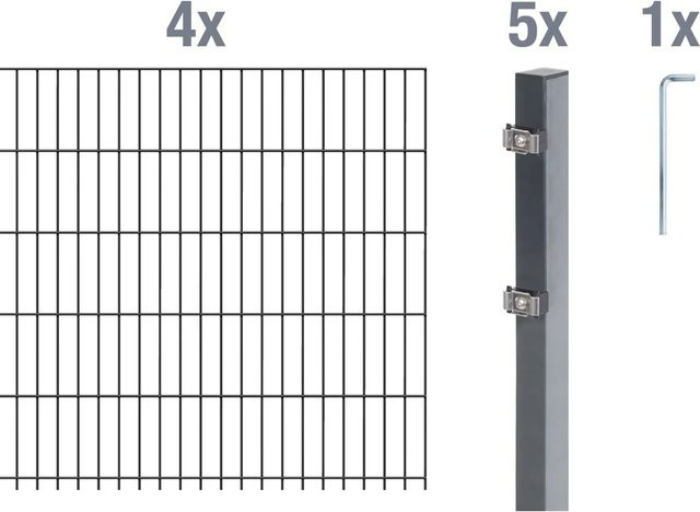 Metallzaun Doppelstabmatte Grund-Set aus Stahl, anthrazit beschichtet, B: 4 m, H: 1,6 m, T: 0,5 m - Bild 1