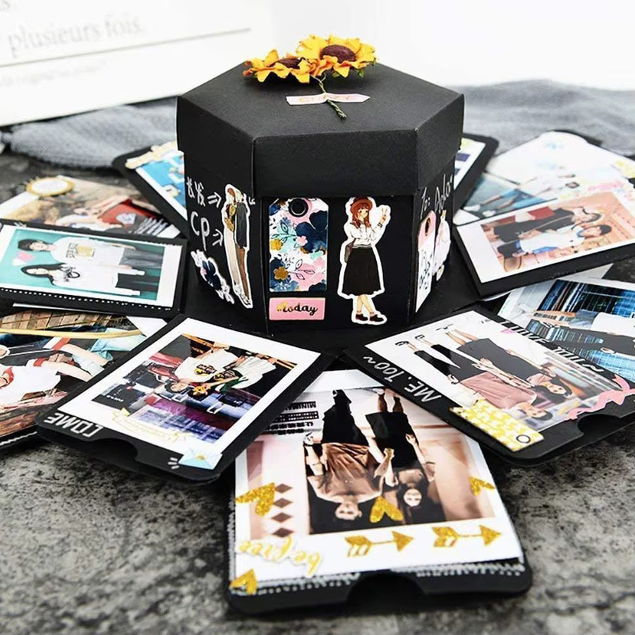 DIY Explosion Fotoalbum Scrapbook Box in Schwarz als persönliches Geschenk für Jubiläen und Valentinstag - Bild 3