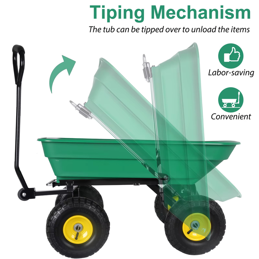 HGTUGO Gartenwagen in Grün mit 55L Volumen, kippbarem Aufbau, verstellbarem Griff und 4 Reifen - Bild 3