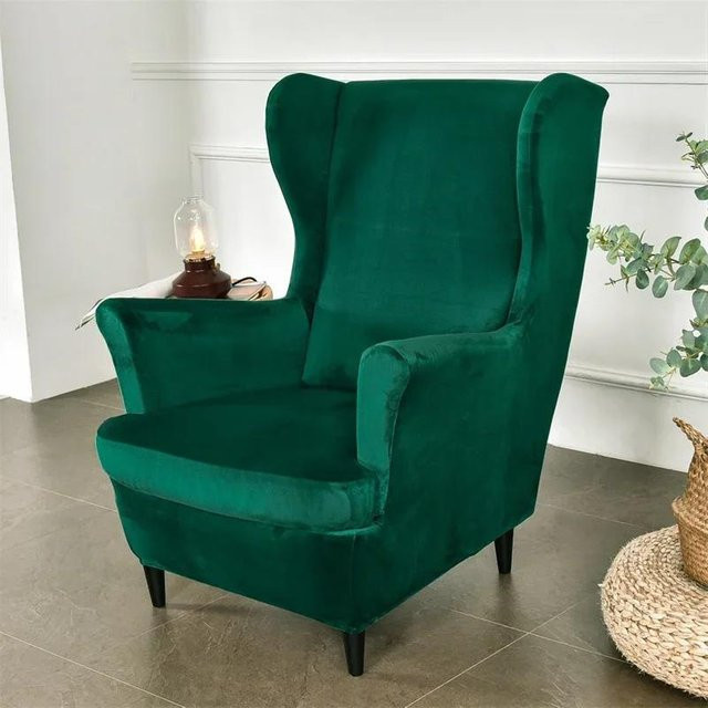 Bestbags Ohrensesselbezug aus weichem Samt in Grün, elastischer Stretch-Bezug mit Sitzkissenbezug - Bild 1