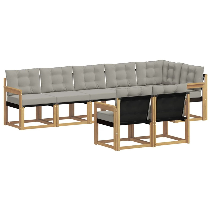 vidaXL Outdoor-Sofagarnitur 8-teilig in L-Form aus Akazienholz mit Textilene und Kissen in Weiß-Hellgrau - Bild 2