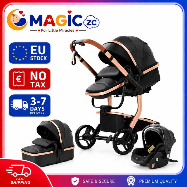 Prokoke 3-in-1 Kinderwagen Reisesystem mit umkehrbarer Babywanne, faltbar und leicht, Beige/Schwarz - Bild 1