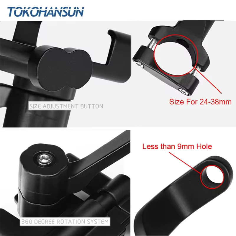 TOKOHANSUN Aluminium Smartphone Halterung für Lenker oder Spiegel, Schwarz, passend für 4 bis 6 Zoll Handys - Bild 3