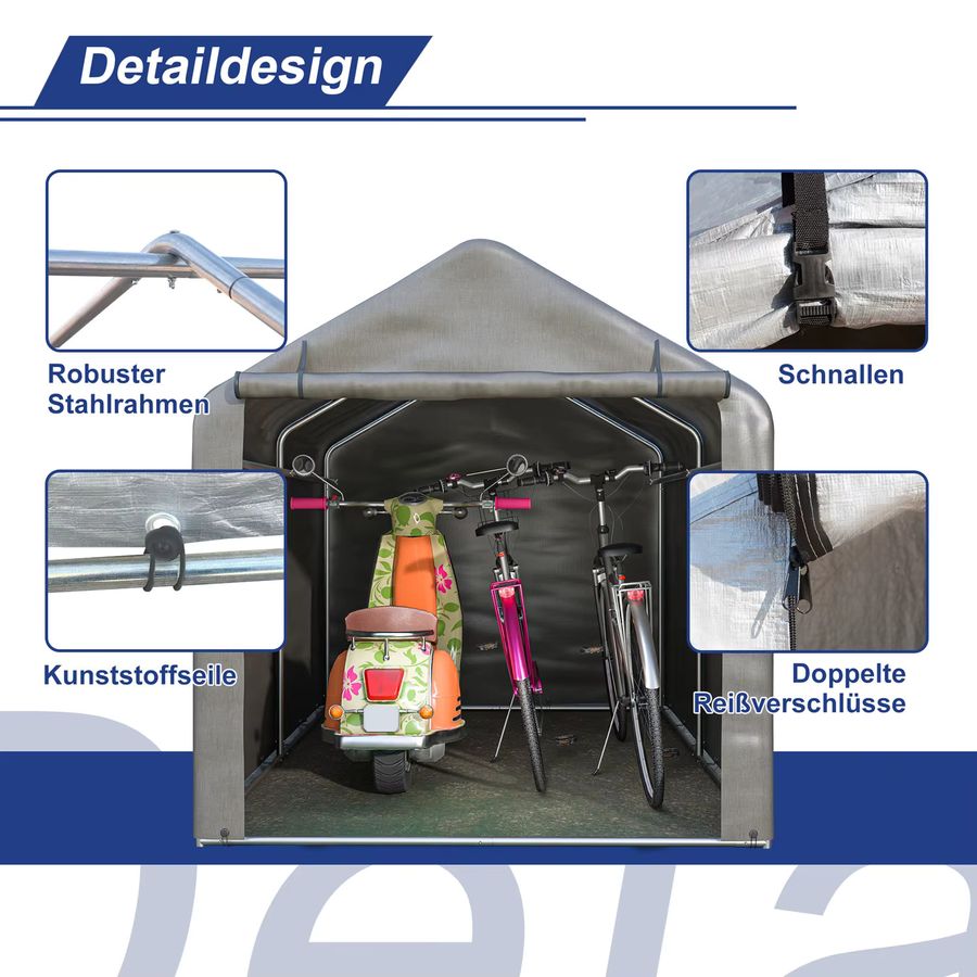 Rbefeuly Fahrradgarage für den Außenbereich, wasserfester Gartenschuppen mit Rolltor, Grau, B/T/H: 220 x 160 x 165 cm - Bild 4