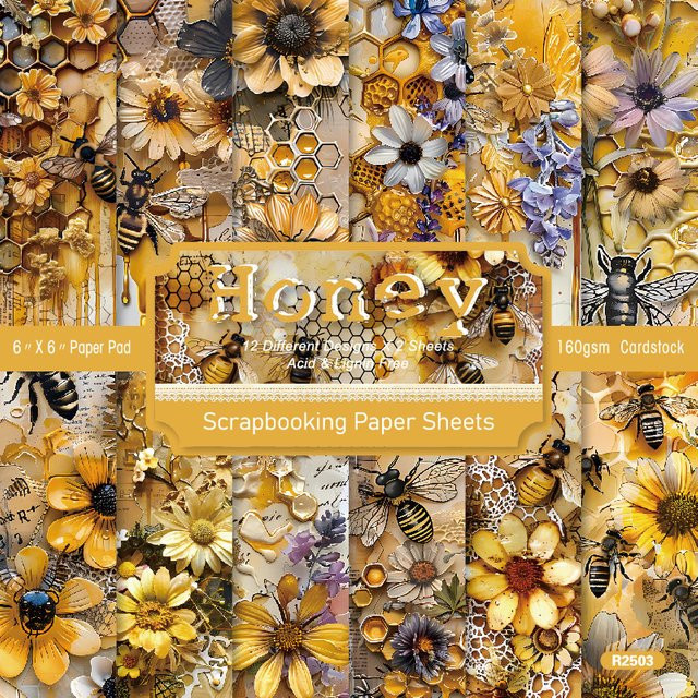 Alinacutle Honey Bee Cube Gemusterter Papierblock für Scrapbooking und Bastelarbeiten, 24 Blatt, Mehrfarbig - Bild 1