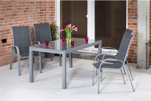 Merxx Gartenmöbelset Amalfi 5-teilig mit ausziehbarem Tisch und 4 Stapelsesseln aus Aluminium und Textil in Silber-Grau - Bild 1