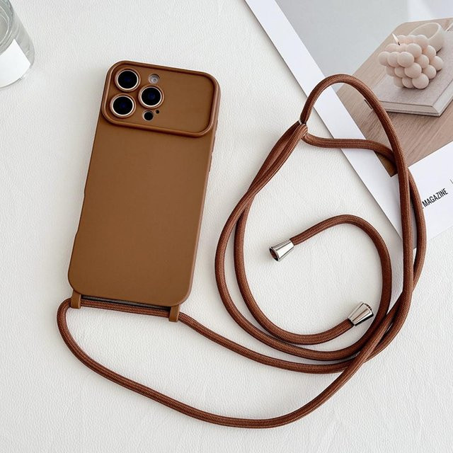 Rui Di Crossbody Lanyard Halskette mit weicher Silikonhülle und verstellbarem Nylonseil für iPhone 16 15 14 13 12 Pro Max in Braun - Bild 1