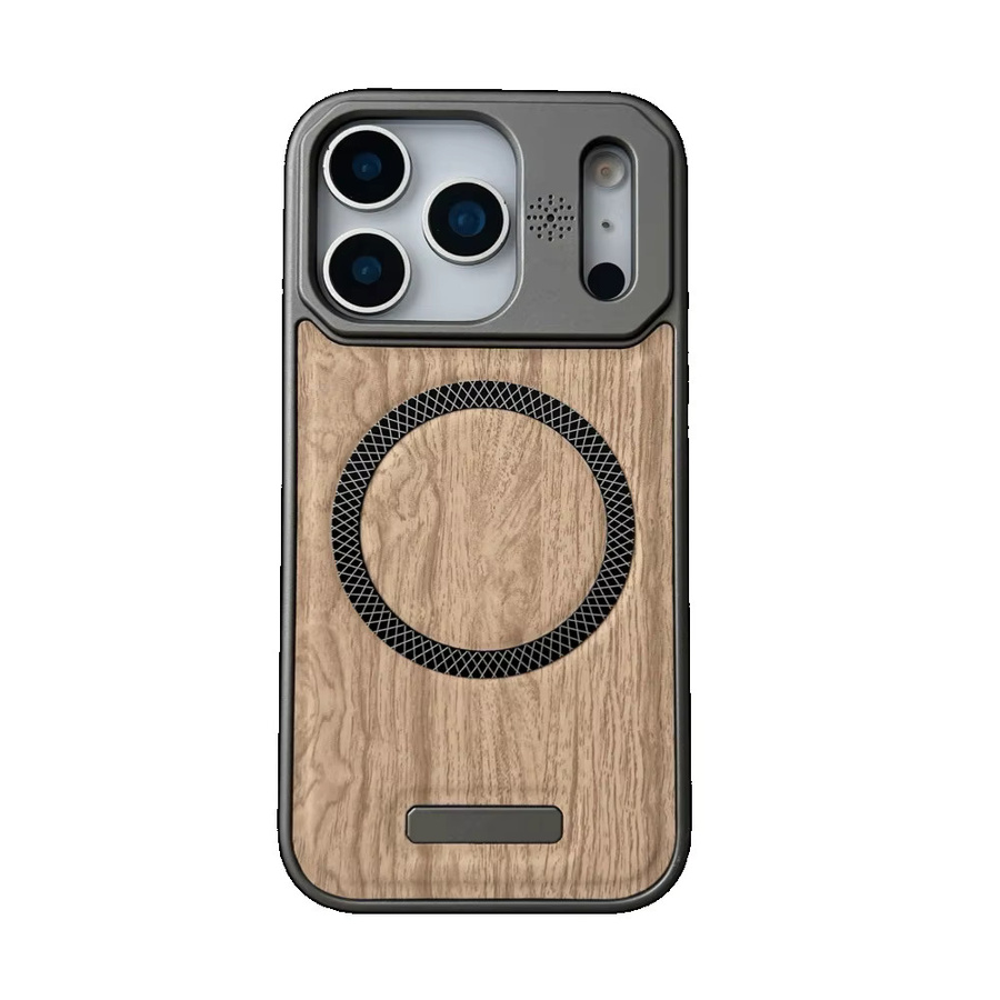 Huyangmu Leder-Handyhülle mit Holzmaserung und magnetischer Absaugung passend für Apple iPhone 17, 16, 15, 14, 13, 12 Pro Max in Metallfarbe - Bild 3
