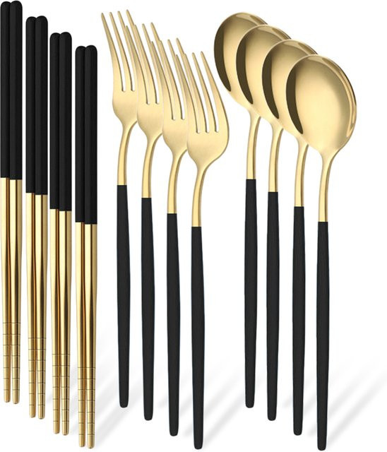 Luxus Koreanisches Besteckset aus Edelstahl in Schwarz und Gold, 12-teiliges Set mit Gabel, Löffel und Stäbchen - Bild 1