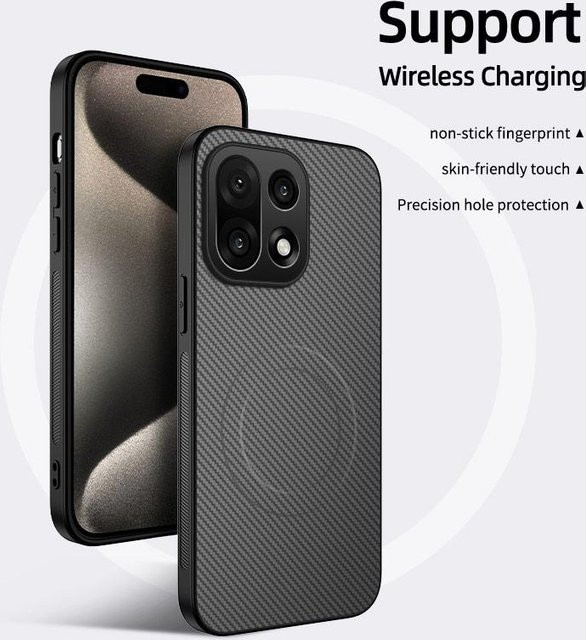Magnetische Stoßfeste Handyhülle mit Kohlefaser-Textur und kabellosem Laden für OnePlus 15 5G in Schwarz, Blau, Grau oder Lila - Bild 1