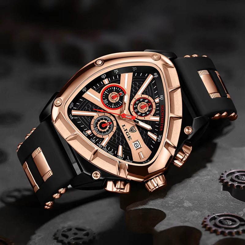 LIGE Chronograph, Quarz, Tonneau, Schwarz, Silikon, Herren - Bild 2