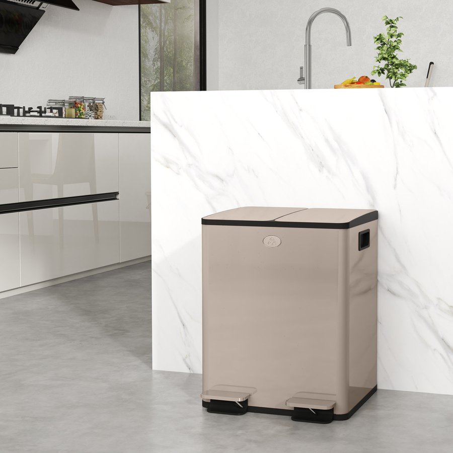 HOMCOM Doppel-Mülleimer aus Edelstahl mit Pedal, 2 x 20 l, Gold, Soft-Close-Deckel und herausnehmbare Inneneimer, fingerabdruckresistent - Bild 2