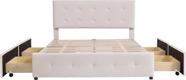 okwish Polsterbett mit Schubladen in Beige, B/T/H: 140 x 200 x 149 cm - Bild 1
