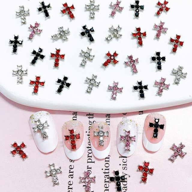 10 Stück Nagel Charms Kreuz Strass Silber, Pink Diamond, Glänzend - Bild 1