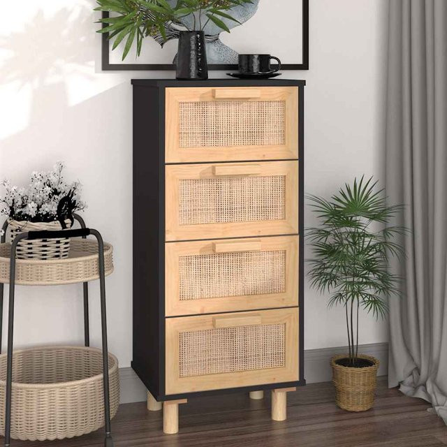 vidaXL Sideboard Schwarz aus Massivholz Kiefer und Natur-Rattan im Boho-Stil, B/T/H: 40 x 30 x 90 cm - Bild 1
