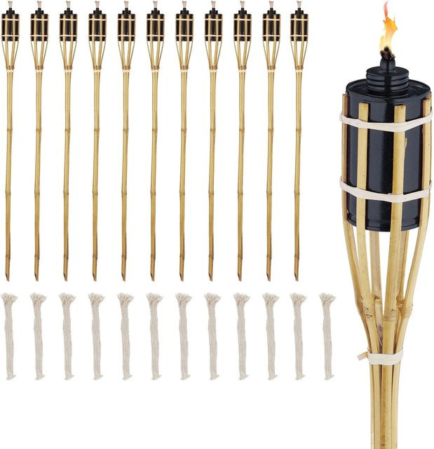 Relaxdays 12er Set Bambus Gartenfackeln mit Metalltank in Schwarz-braun, Höhe: 90 cm - Bild 1