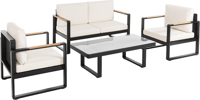 12tlg. Happy Home Gartenmöbel Lounge-Set mit Sofa und Coffee Table aus pulverbeschichtetem Aluminium und Teakholz in Schwarz und Beige mit Polsterung - Bild 1