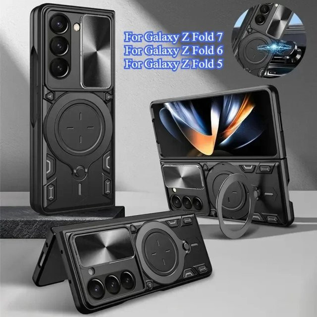 Magnetische 360 Grad rotierende Rüstungshülle für Samsung Galaxy Z Fold 7, 6, 5 5G mit Autohalter-Ring und Kameraschutz in Schwarz oder Lila - Bild 1