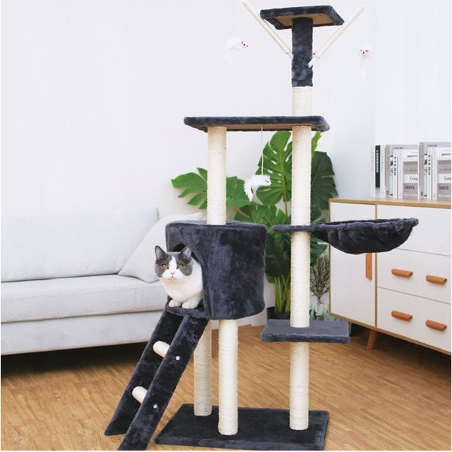 NYVI Katzen Kratzbaum Simba Dunkelgrau - Deluxe Katzenbaum mit Katzenhöhle, Spielzeug, Plattform, Sisal Kratzsäule und Hängematte, Höhe: 142 cm - Bild 1