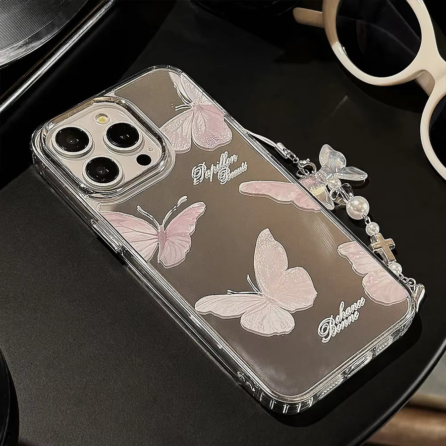 Potdemiel Handyhülle mit Schmetterlings-Design und Spiegel für iPhone 16 15 14 13 12 11 Pro Max, Rosa mit Armband und stoßfester Hartschale - Bild 3