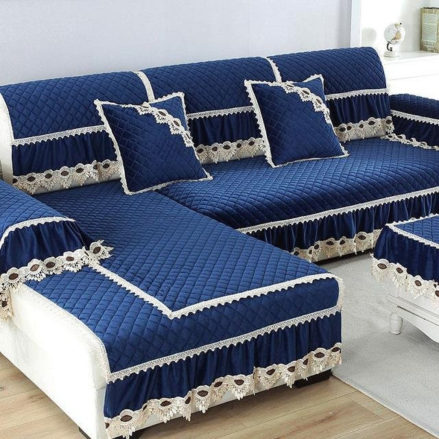 Europa Luxus Plüsch Sofabezug mit Spitze in Blau, Schonbezug für Wohnmöbel, Breite: 40 cm, Tiefe: 70 cm - Bild 1