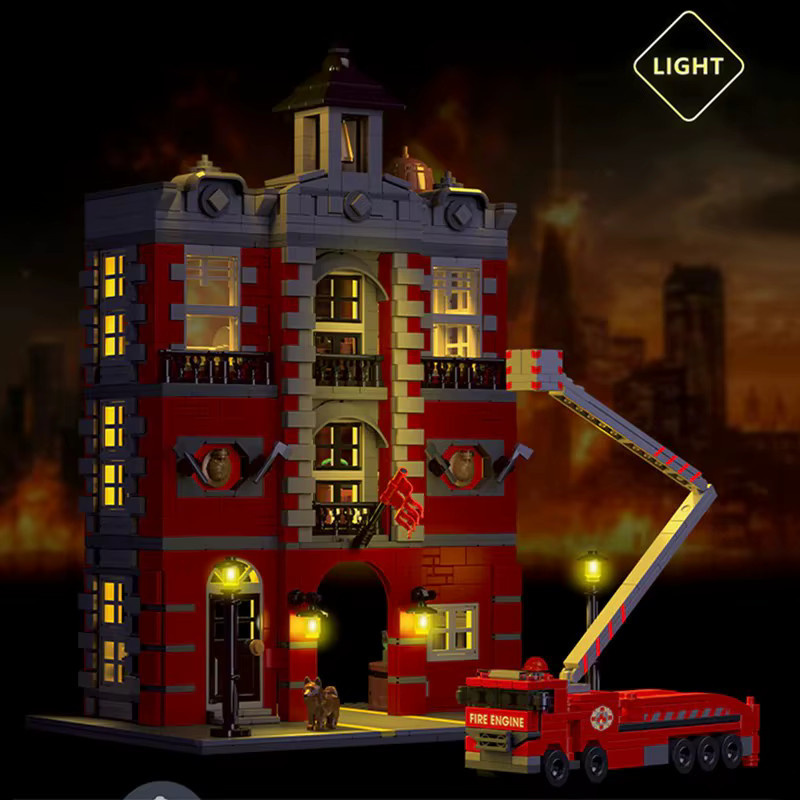 youmko Retro-Feuerwehrstation mit LED-Haus, Bausatz-Modell, 1823 Teile - Bild 2