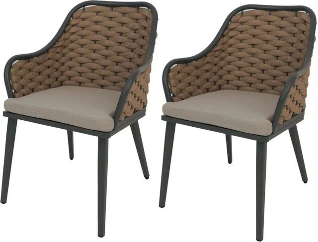 2er-Set MCW Outdoor-Gartenstühle O16 mit Armlehnen aus Olefin-Seilgeflecht in Beige und hellbraunen Kissen - Bild 2
