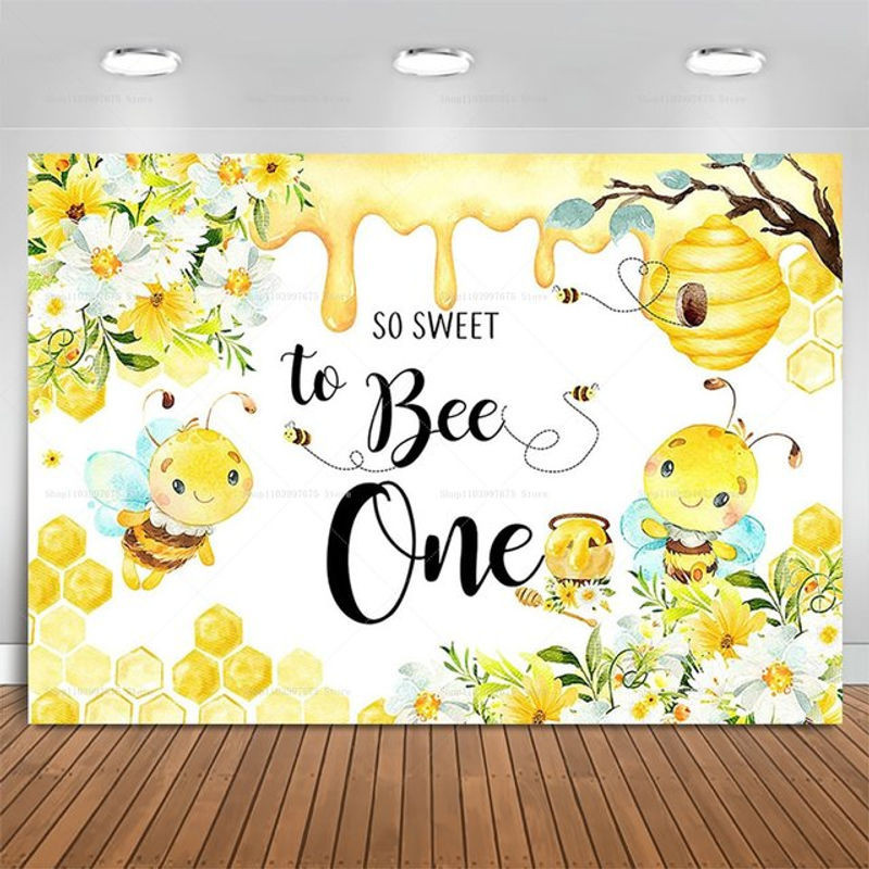 Fotohintergrund für Baby Shower mit floralem Bienen-Waben-Design in Weiß, Vinyl, B/H: 100 x 150 cm - Bild 1
