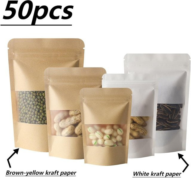 50 Stück Kraftpapier-Fensterbeutel mit Reißverschluss und Siegelfunktion in Weiß für Kekse, Nüsse, Snacks und Tee - Bild 1