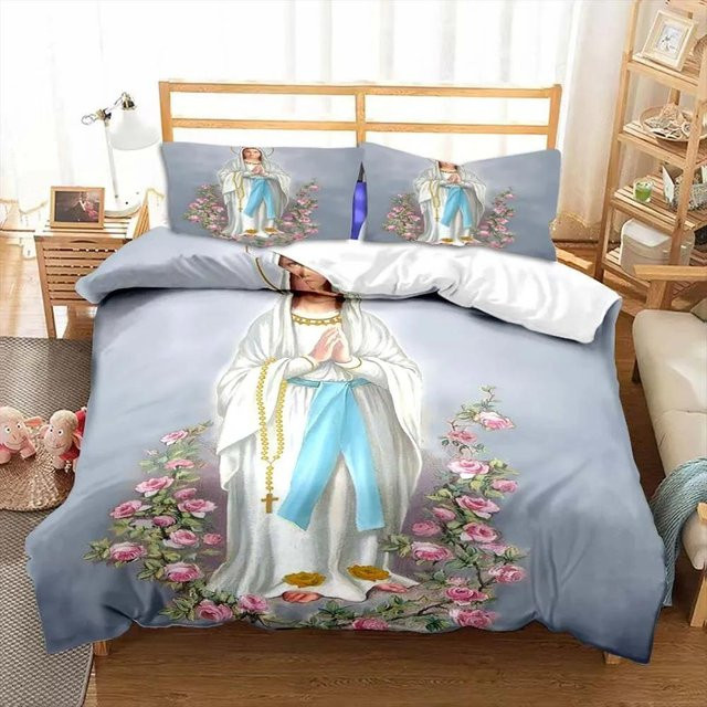 Bettwäsche-Set mit Jesus und Maria Motiv für Kinderzimmer, 2-teilig aus Polyester, Blau, Bettbezug 70 x 133 cm mit Kissenbezug - Bild 1