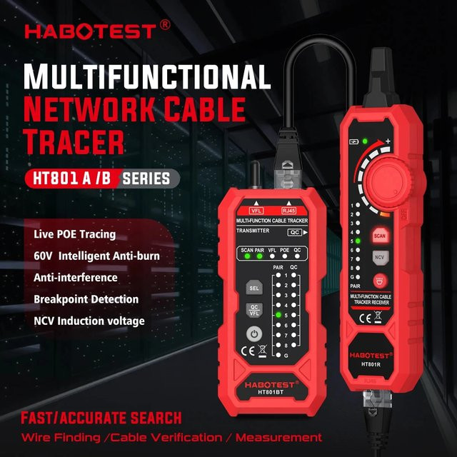 HABOTEST HT801A/B Intelligenter Netzwerkkabeltester mit Überlastschutz 60V für RJ45 und RJ11 in Rot - Bild 1
