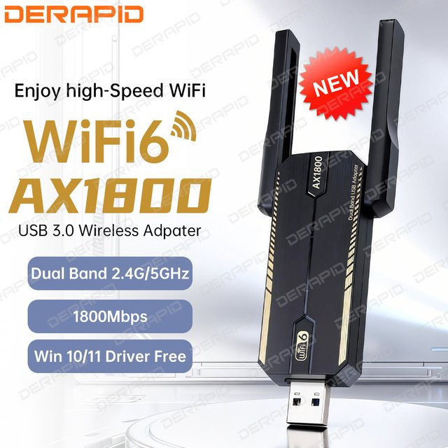 DERAPID AX1800 WiFi 6 USB 3.0 Adapter Dual Band 2,4G/5GHz Netzwerkkarte in Schwarz - Bild 1