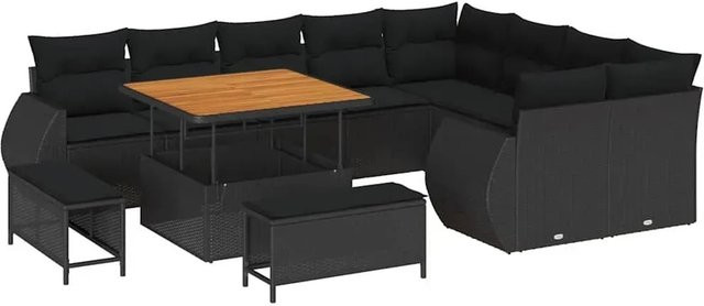 vidaXL Garten-Sofa-Set 12-tlg. aus Polyrattan und Akazienholz in Schwarz mit Polstern und Couchtisch - Bild 1