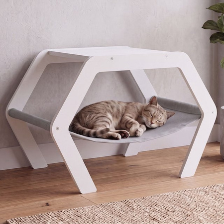 Katzenbett MCW-Q60 Plattform Haustierliege aus Holz mit grauer Stoff-Hängematte, Weiß, B/T/H: 41 x 59 x 39 cm