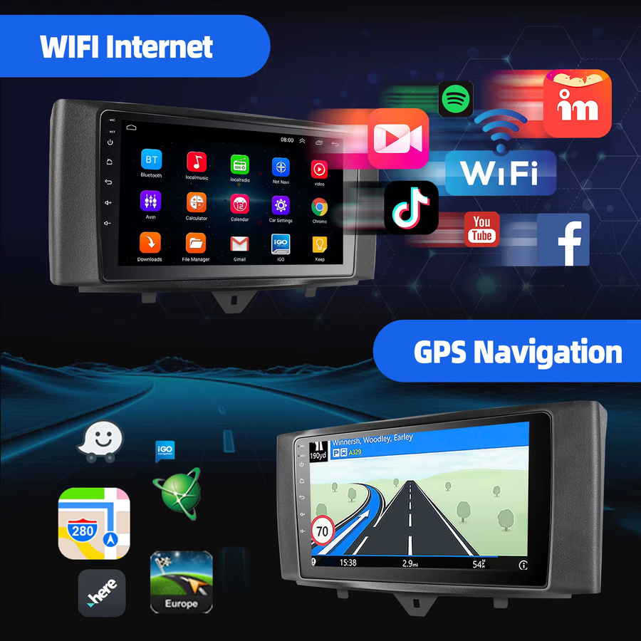 ESSGOO Android 15 Autoradio mit 9 Zoll Touchscreen für Smart Fortwo 451 (2011-2015), GPS Navigation, Wireless CarPlay, Android Auto, WIFI, Bluetooth, FM RDS, Lenkradsteuerung und KI-Sprachsteuerung, Schwarz - Bild 4