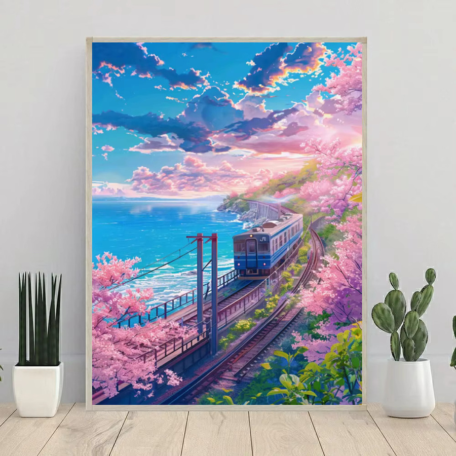 YUTTEE 5D Diamantmalerei Set Sakura Zug Landschaft Mosaik Kreuzstich Kit mit runden Diamanten - Bild 2