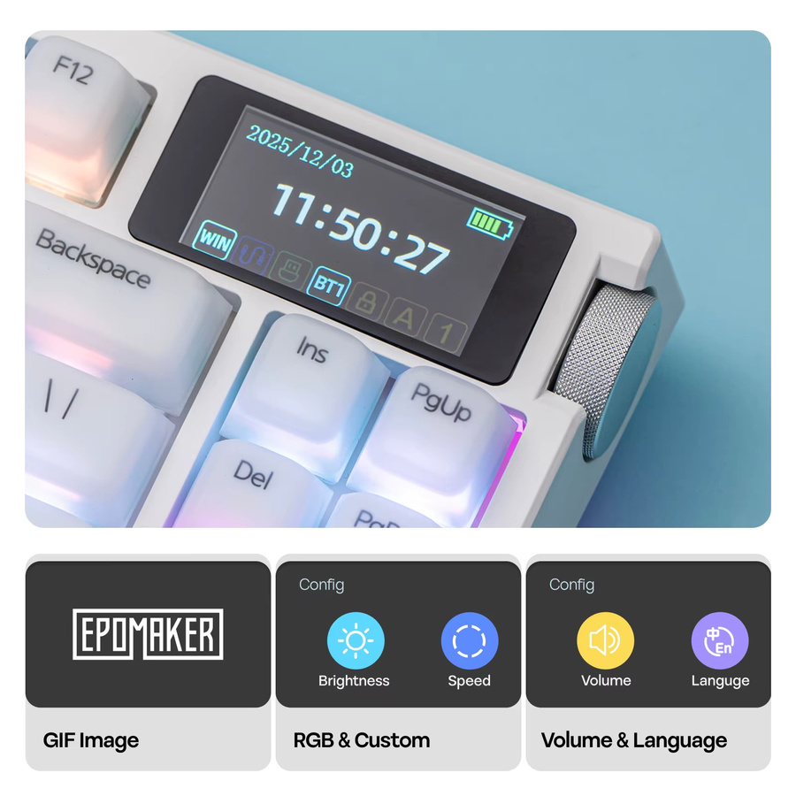 EPOMAKER G84 PRO Mechanische Tastatur 80 % QWERTY ANSI US-Layout mit Glasbildschirm und Metallknopf, kabellos via Bluetooth oder 2,4 GHz sowie kabelgebunden, Schwarz/Weiß - Bild 2