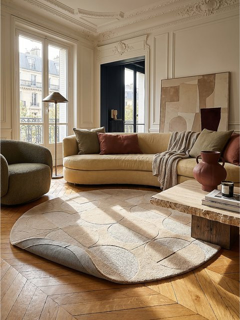 Wollteppich Kurzflor Kadima Design in Natur Beige mit Kreis-Relief Ø 160 cm - Bild 1