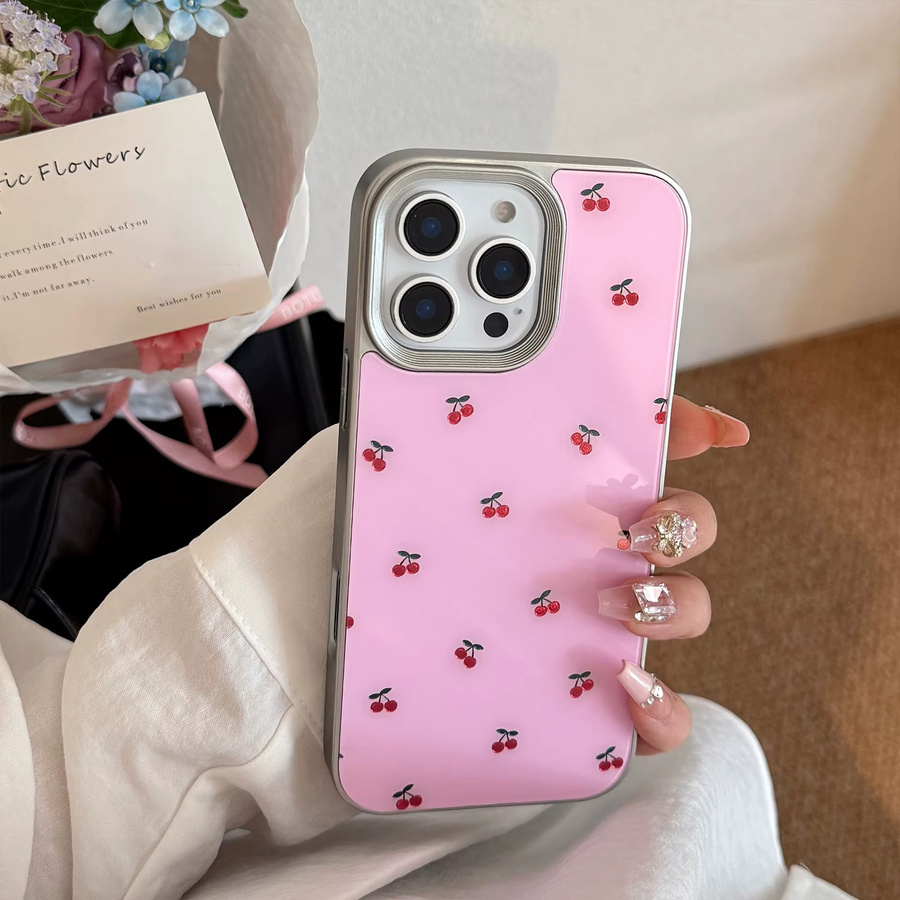 Potdemiel Handyhülle mit koreanischem Cartoon-Kirschmuster und silbernem Rand für iPhone 11 bis iPhone 17 Pro Max Plus, stoßfest, Farbe: Pink/Silber - Bild 4