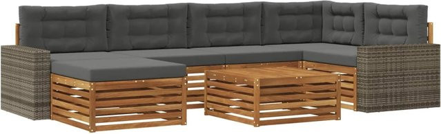vidaXL Outdoor-Sofagarnitur L-Form aus Akazienholz mit 7 Kissen in Natur und Anthrazit - Bild 1