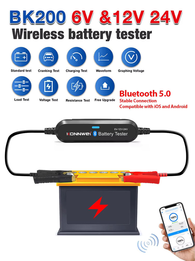 KONNWEI BK200 Bluetooth 5.0 Batterietester für Auto und Motorrad, Wellenformmonitor für 6V 12V 24V, Lade- und Starttestgerät mit 100-2000 CCA, Schwarz - Bild 6