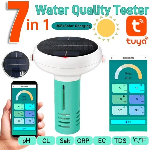 APWIKOGER 7-in-1 Solar-Schwimmbad-Wasserqualitätstester mit Tuya-App für PH, ORP, EC, TDS, Salzgehalt und Temperatur zur Echtzeit-Datenanalyse - Bild 1