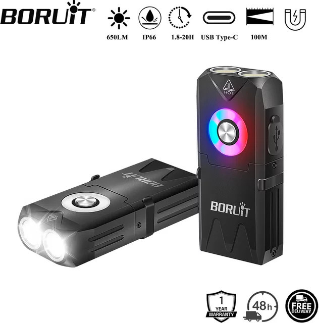 BORUiT EV25 EDC Schlüsselanhänger LED-Taschenlampe mit 650 Lumen, RGB-Arbeitslicht, Magnet und Typ-C Akku, Schwarz/Multicolor - Bild 1