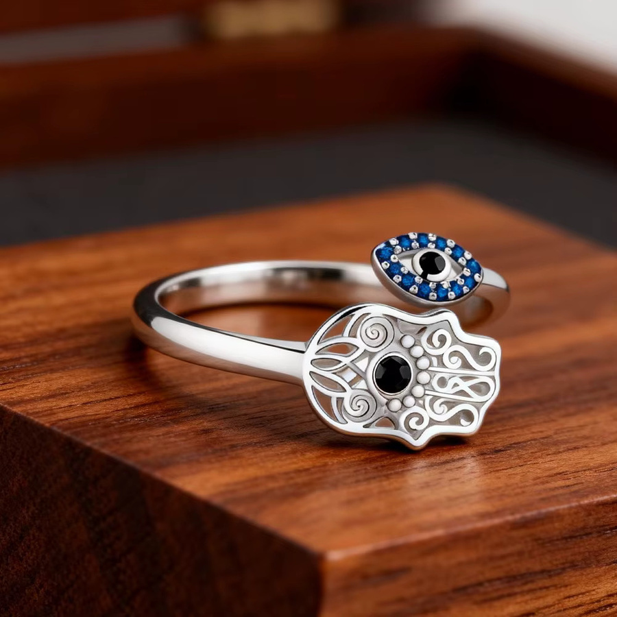 YILUOCD Ring 925 Silber, Zirkonia, Hand der Fatima, Lotus, Böser Blick - Bild 5