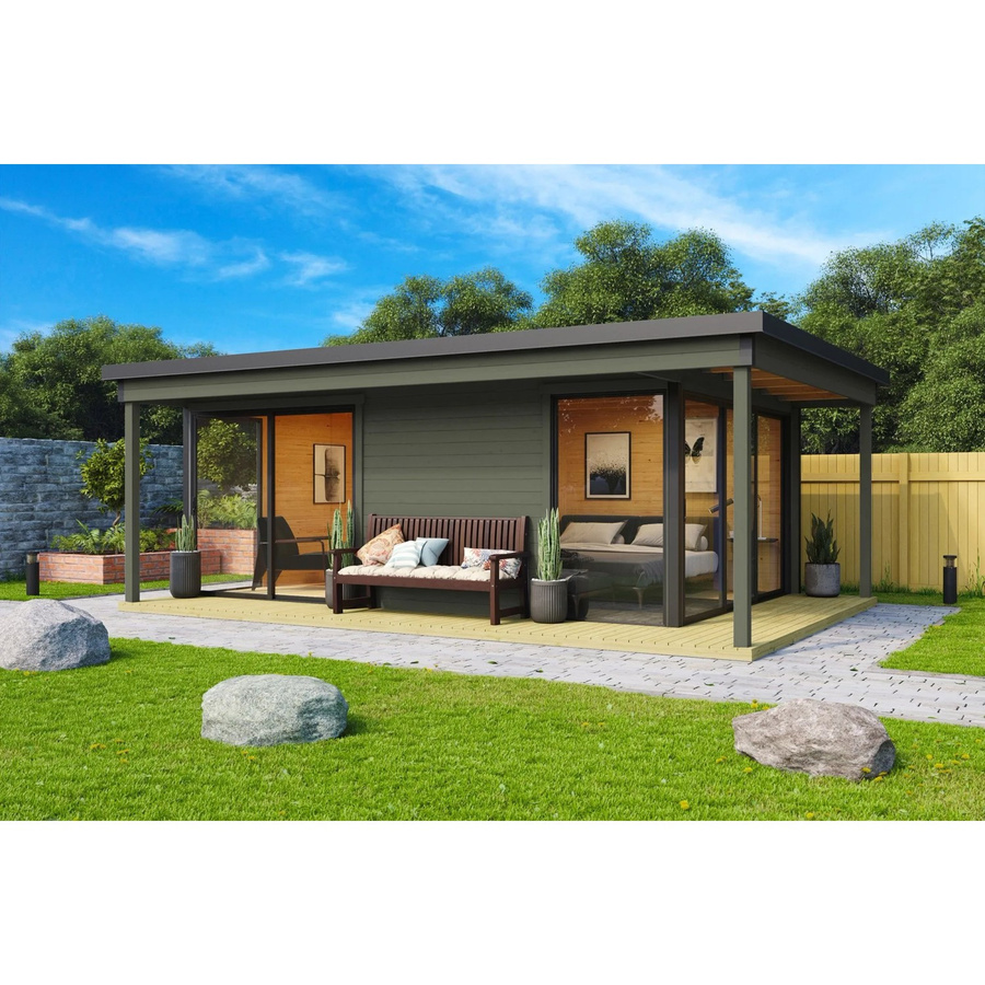 Lasita Maja Domeo Gartenhaus mit Loggia, grüngrau, B/H/T: 608,4 x 239,4 x 418,9 cm - Bild 2