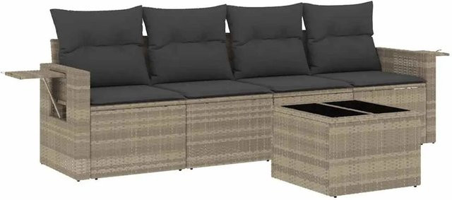 vidaXL 5-teilige Garten-Sofagarnitur aus Poly-Rattan mit Kissen in Hellgrau - Bild 1