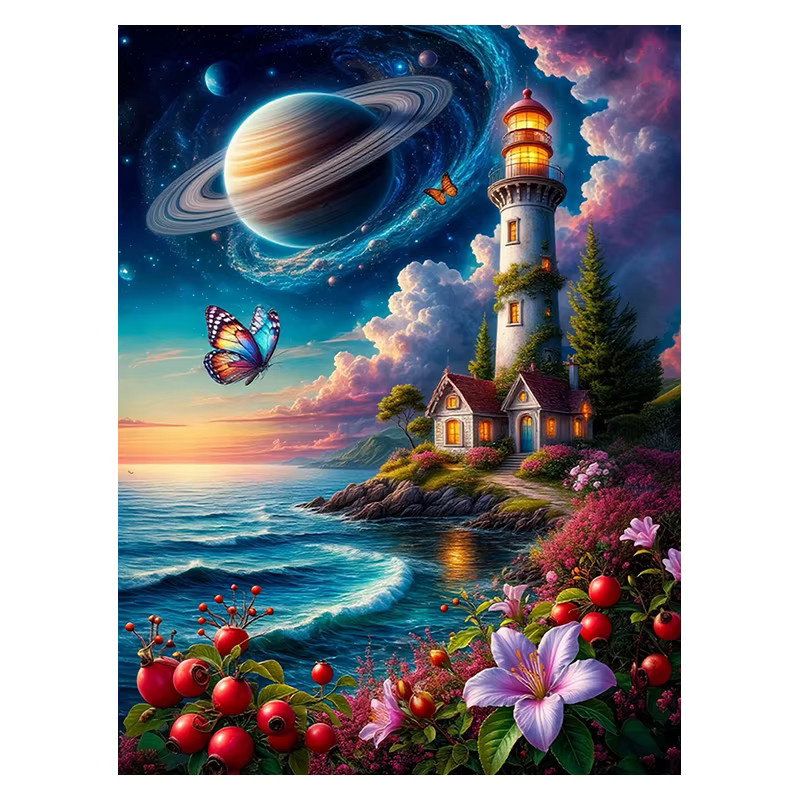 Huacan 5D DIY Diamantmalerei Landschaft mit Turm als runde Stickerei in Multicolour, B/D/H: 30,0 x 30,0 x 2,0 cm - Bild 5