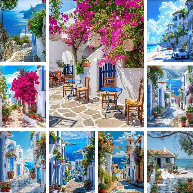 DIY Diamantmalerei Ägäis Landschaft Santorini und Mykonos mit blauen Motiven und runden 5D Diamanten von Potdemiel - Bild 1
