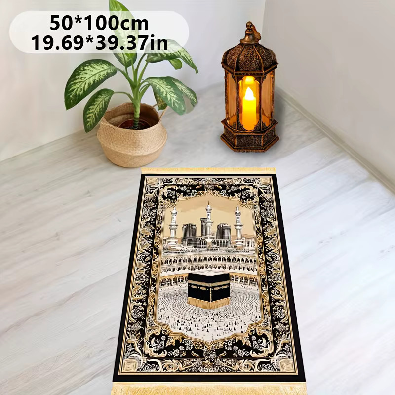 VIKAMA Luxus-Gebetsteppich mit Quasten, rutschfest und faltbar, orientalisch klassisches Design in Schwarz - Bild 5