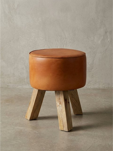 KADIMA DESIGN Sitzhocker aus Holz und braunem Echtleder im Country-Style, zylindrisch, B/T/H: 37 x 45 x 37 cm - Bild 1